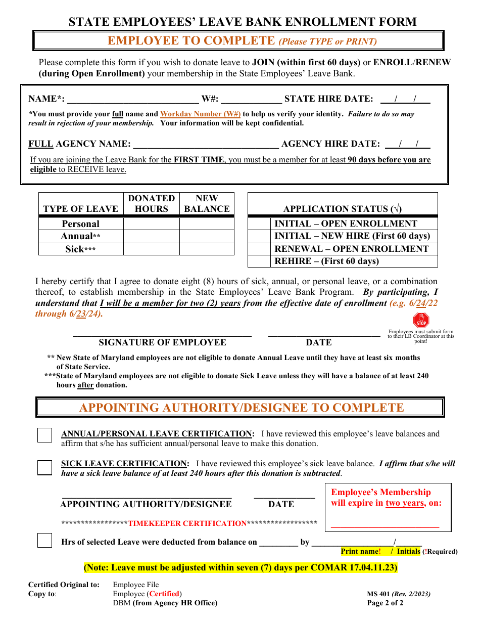 Form MS401 State Employees Leave Bank Enrollment Form - Maryland, Page 2