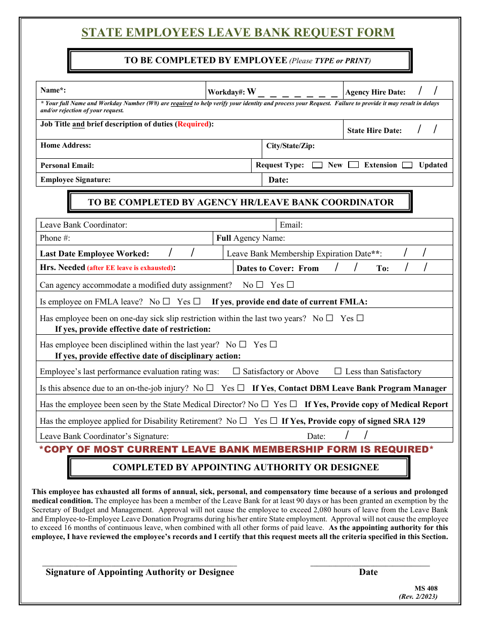 Form MS408 State Employees Leave Bank Request Form - Maryland, Page 1
