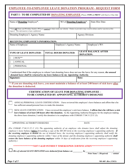 Employee-To-Employee Leave Donation Program - Request Form - Maryland Download Pdf