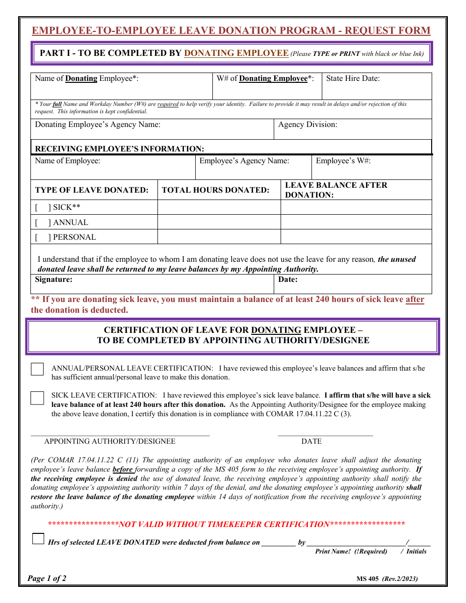 Employee-To-Employee Leave Donation Program - Request Form - Maryland, Page 1