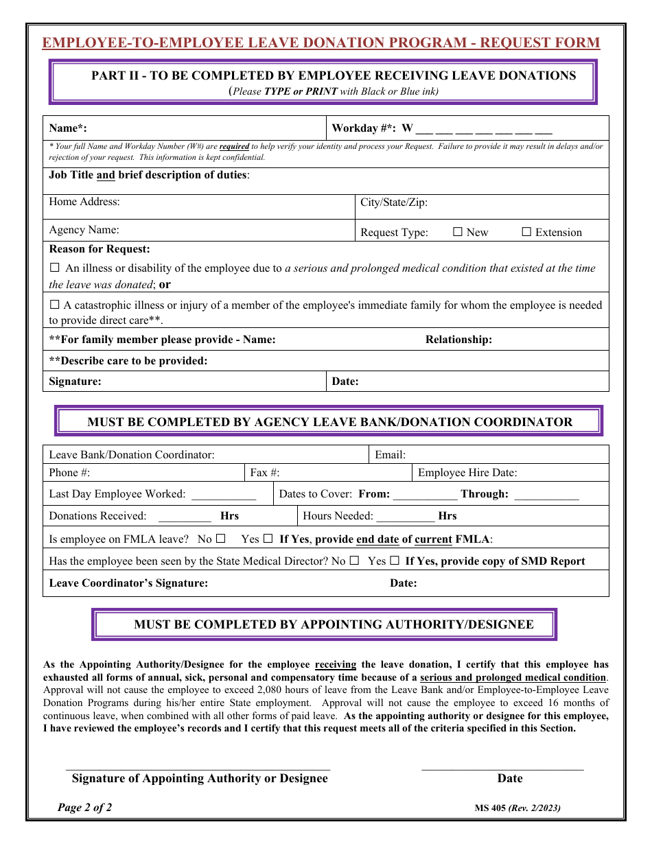 Employee-To-Employee Leave Donation Program - Request Form - Maryland, Page 2
