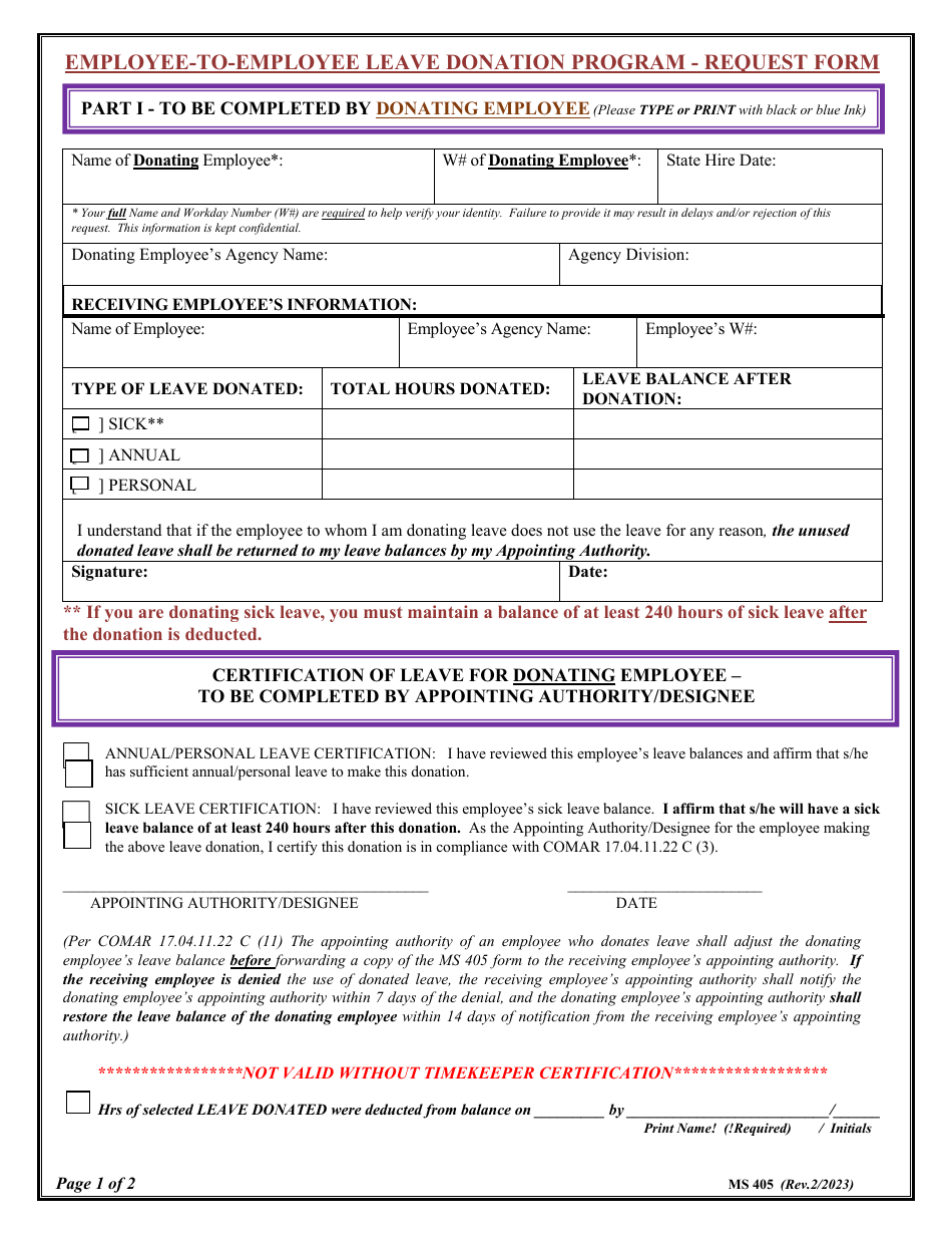 Maryland EmployeeToEmployee Leave Donation Request Packet Download