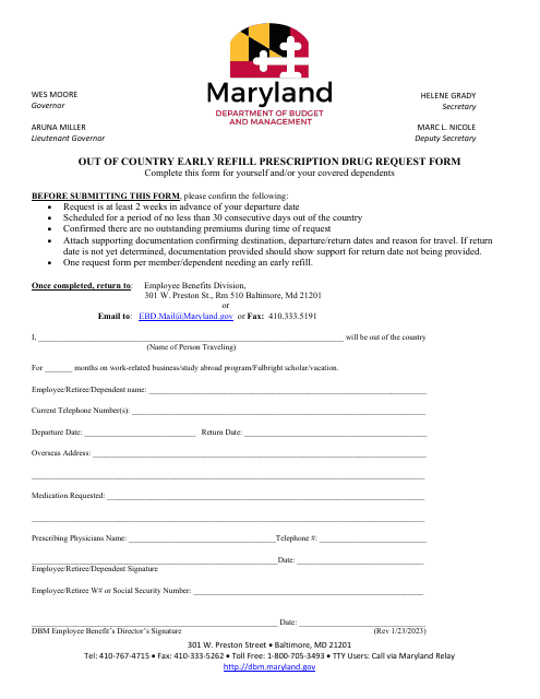 Out of Country Early Refill Prescription Drug Request Form - Maryland