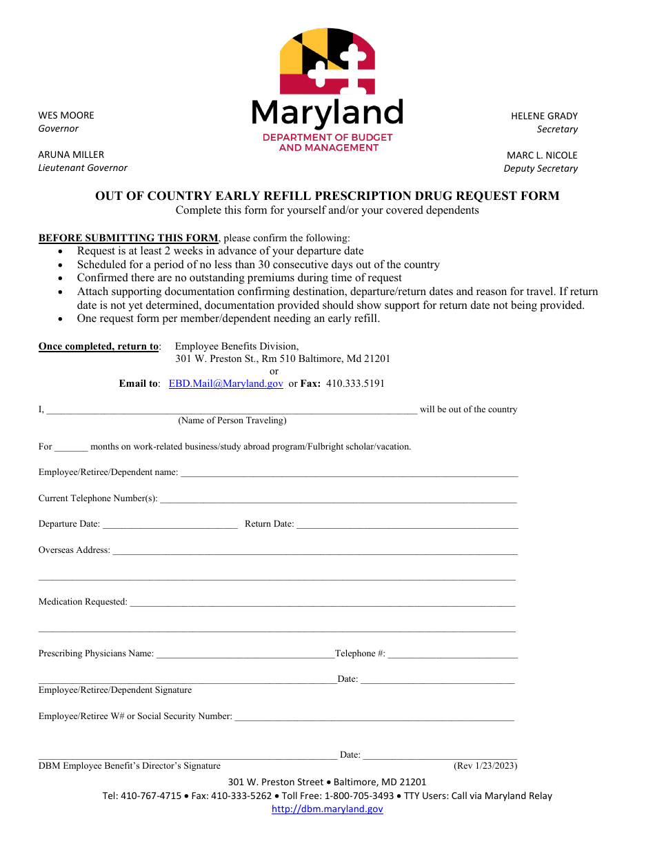 Out of Country Early Refill Prescription Drug Request Form - Maryland, Page 1