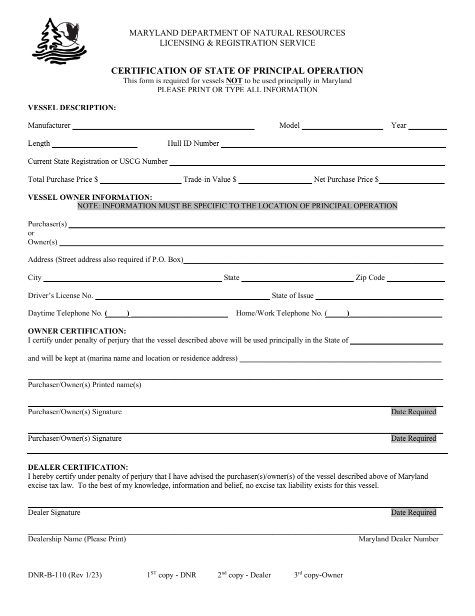 DNR Form B-110 Certification of State of Principal Operation - Maryland, Page 1