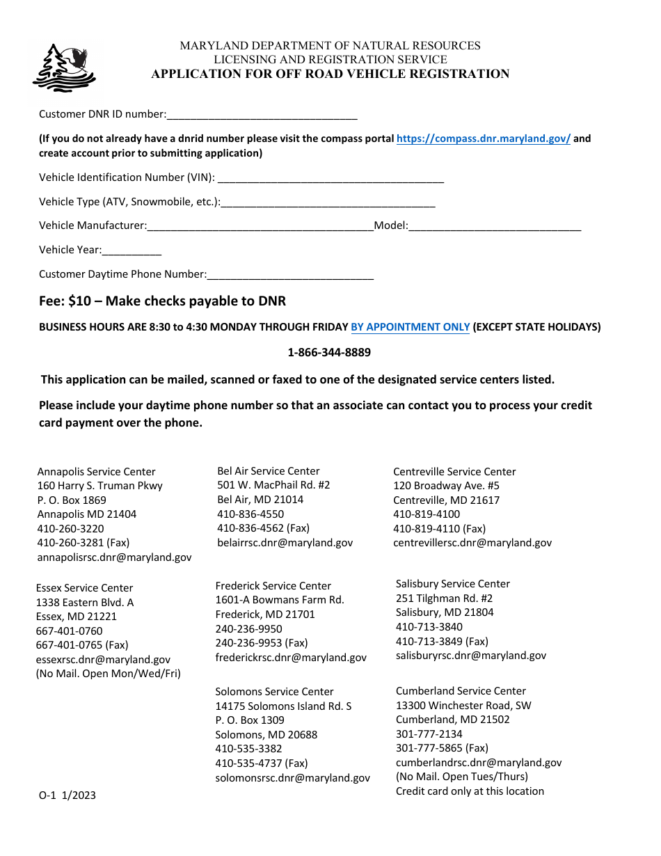 DNR Form O-1 Application for off Road Vehicle Registration - Maryland, Page 1