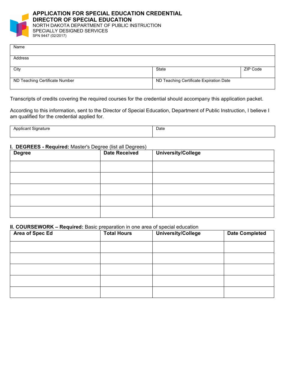 Form SFN9447 Application for Special Education Credential Director of Special Education - North Dakota, Page 1