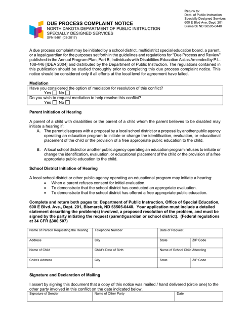 Form SFN9461 Due Process Complaint Notice - North Dakota