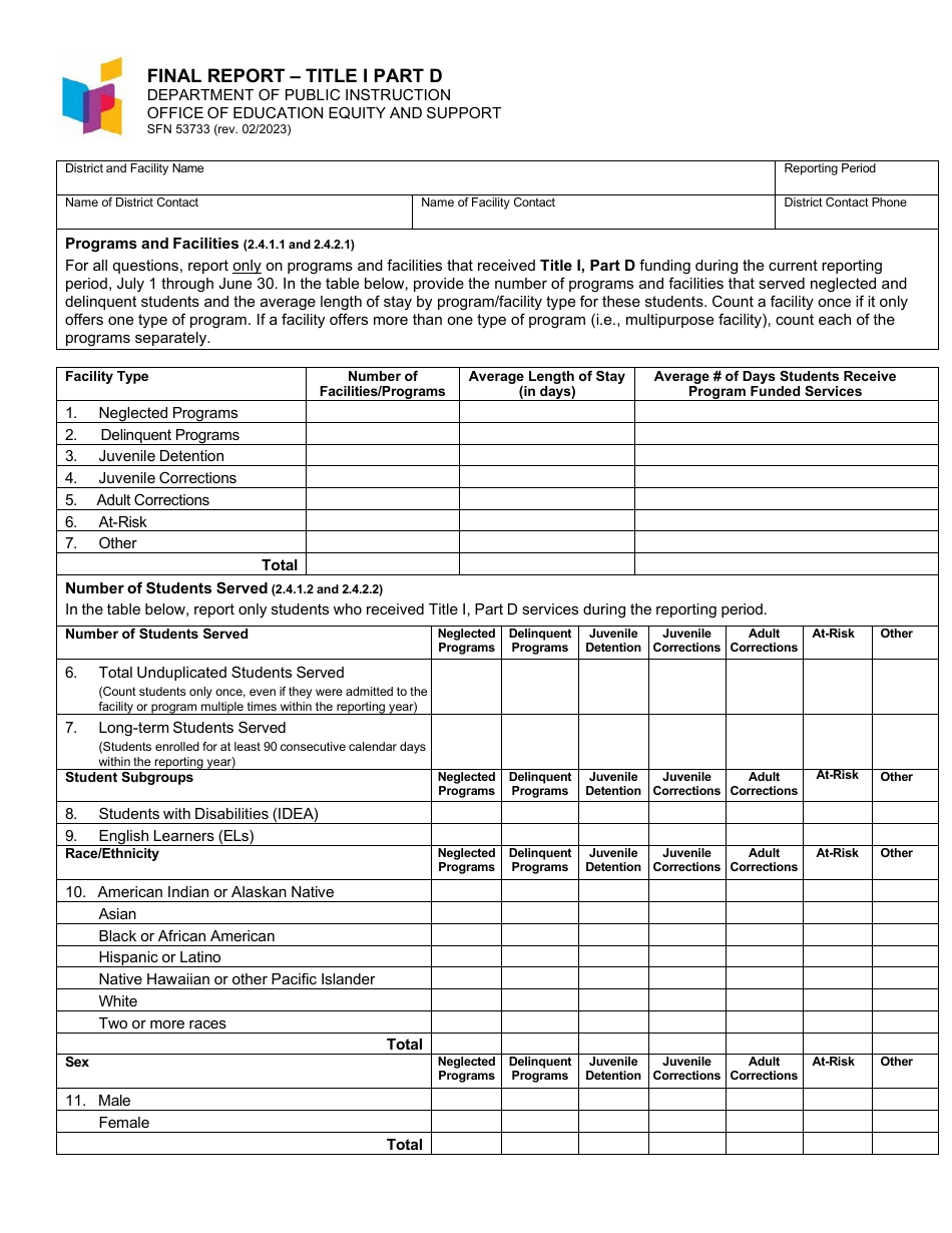 Form SFN53733 Part D Final Report - Title I - North Dakota, Page 1