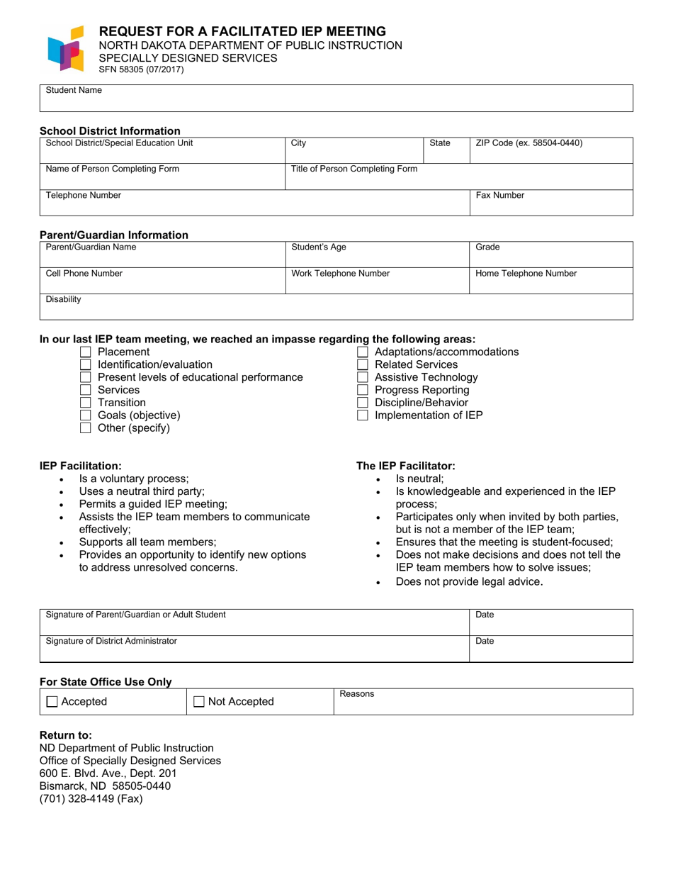 Form SFN58305 Request for a Facilitated Iep Meeting - North Dakota, Page 1