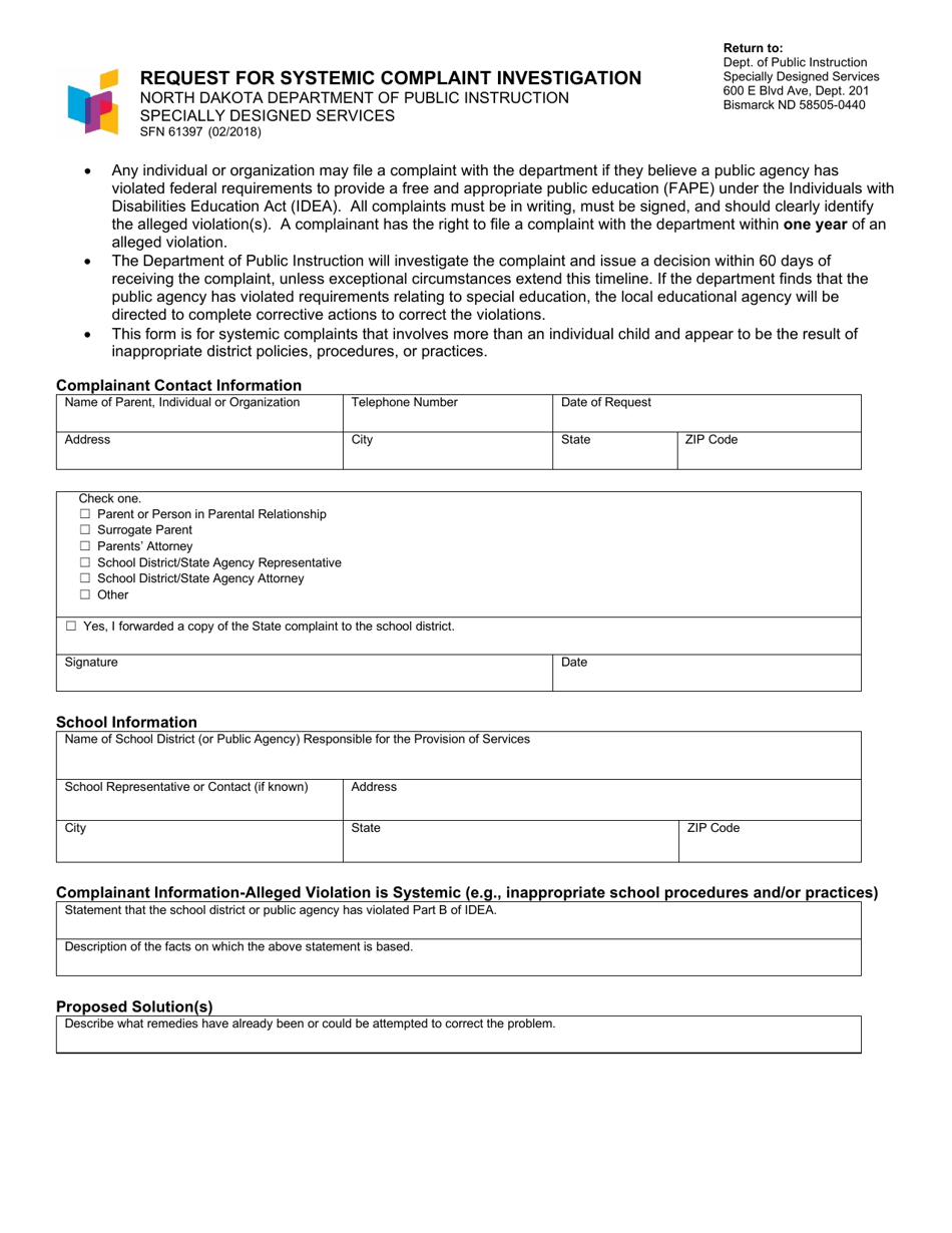 Form SFN61397 Request for Systemic Complaint Investigation - North Dakota, Page 1