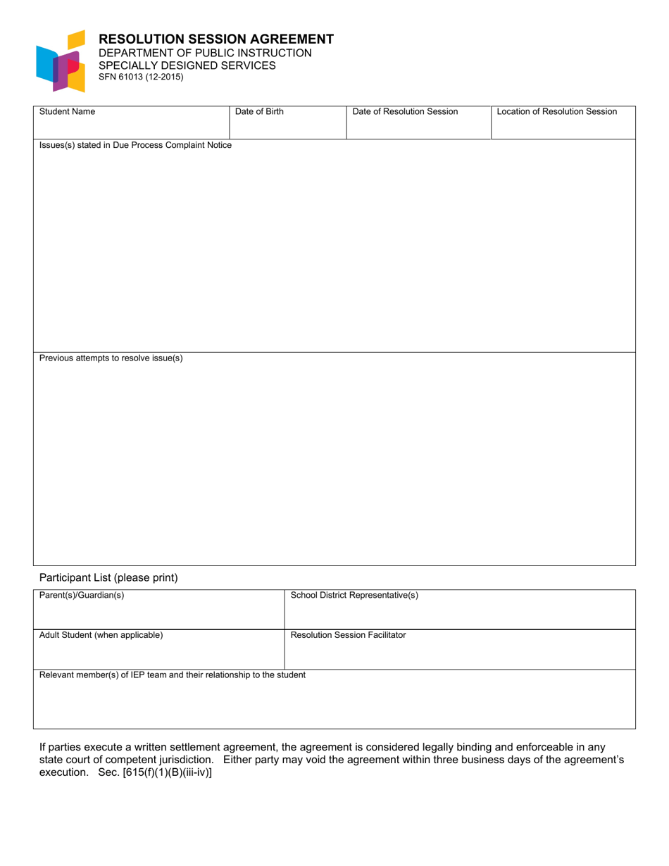 Form SFN61013 Resolution Session Agreement - North Dakota, Page 1