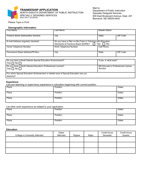 Form SFN13417 Traineeship Application - North Dakota