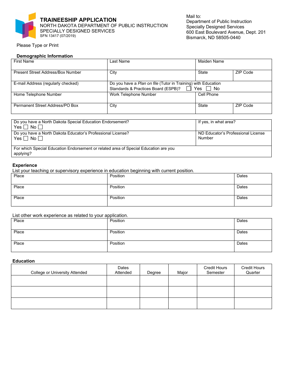 Form SFN13417 Traineeship Application - North Dakota, Page 1