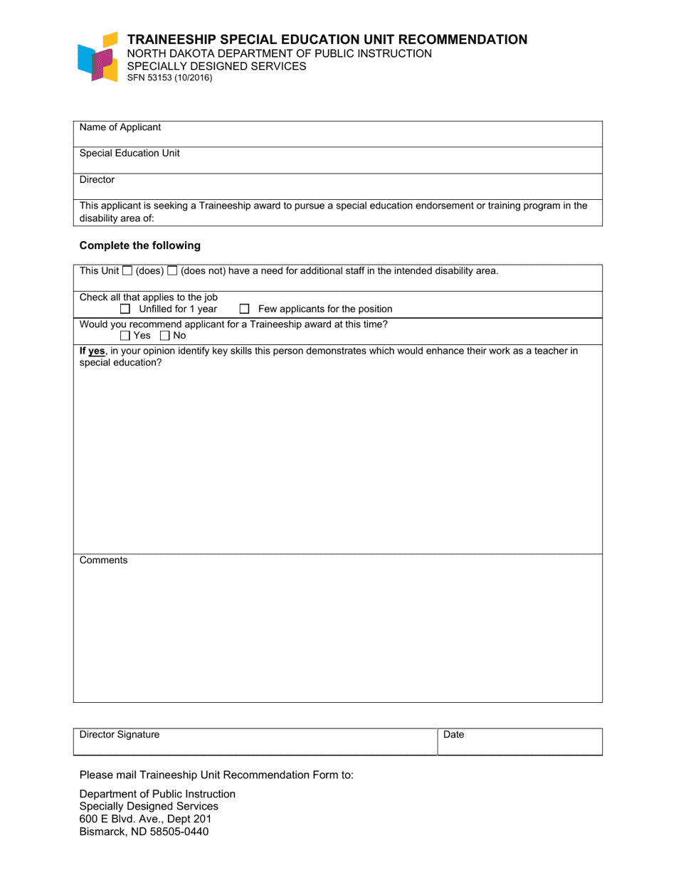 Form SFN53153 Traineeship Special Education Unit Recommendation - North Dakota, Page 1
