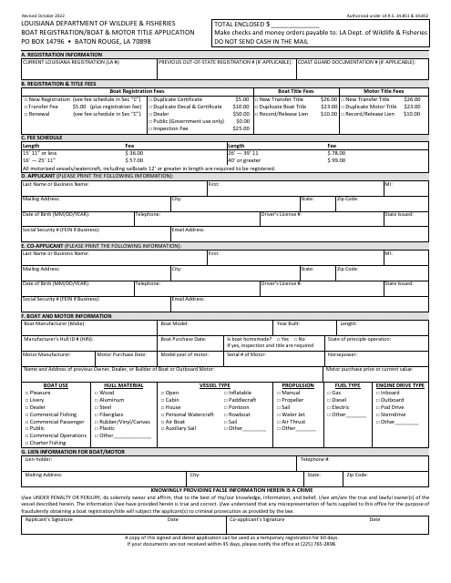 Boat Registration / Boat & Motor Title Application - Louisiana Download Pdf