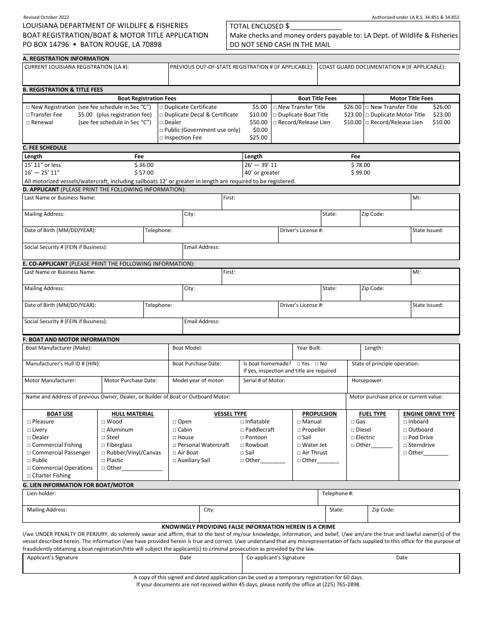 Boat Registration / Boat  Motor Title Application - Louisiana, Page 1