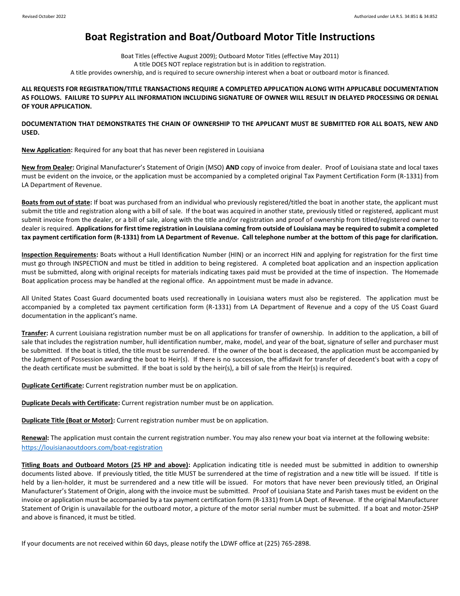 Boat Registration / Boat  Motor Title Application - Louisiana, Page 2