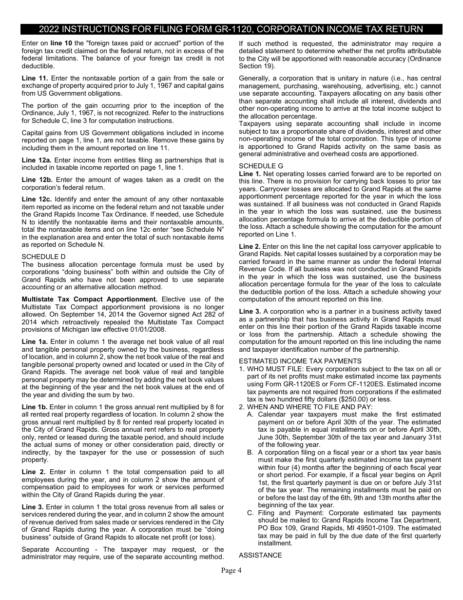 Form GR-1120 Corporation Income Tax Return - City of Grand Rapids, Michigan, Page 4