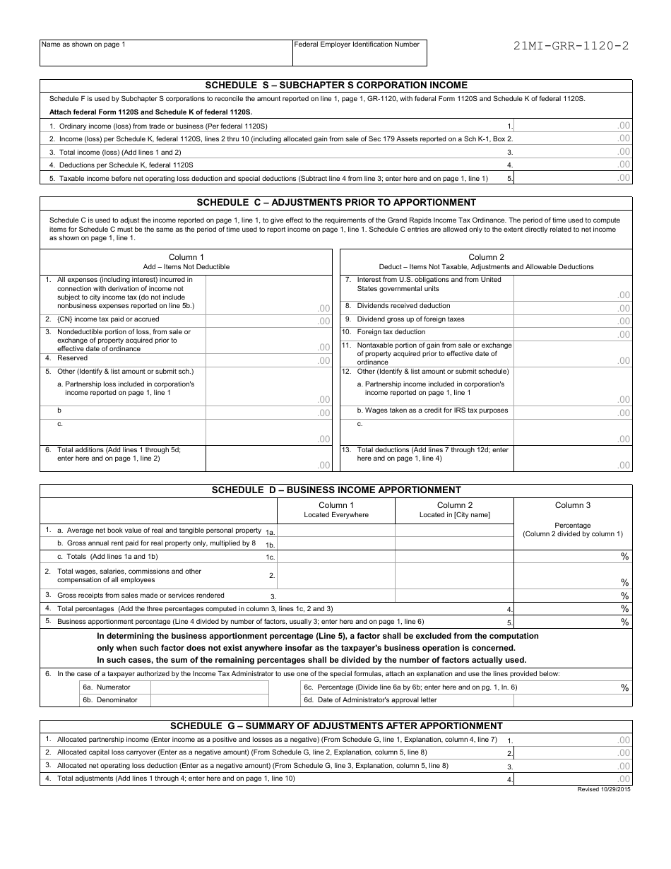 Form GR-1120 Corporation Income Tax Return - City of Grand Rapids, Michigan, Page 7