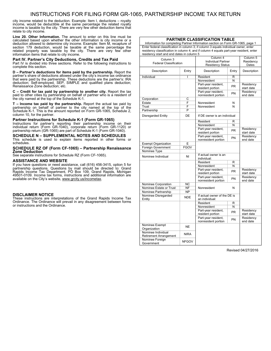 Form GR-1065 Partnership Income Tax Return - City of Grand Rapids, Michigan, Page 6