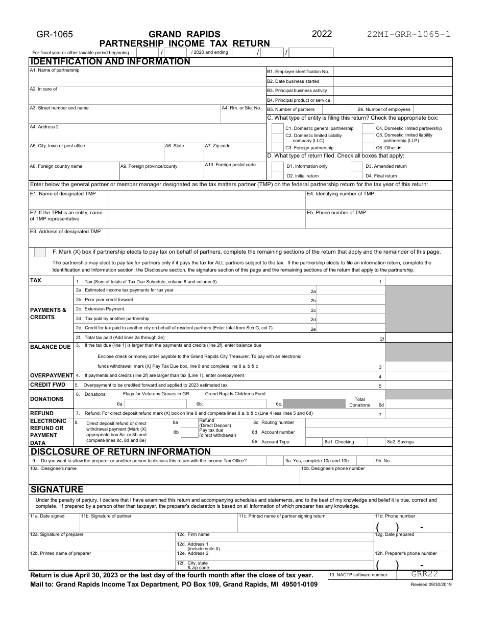 Form Gr 1065 Download Printable Pdf Or Fill Online Partnership Income Tax Return 2022 City Of 5020