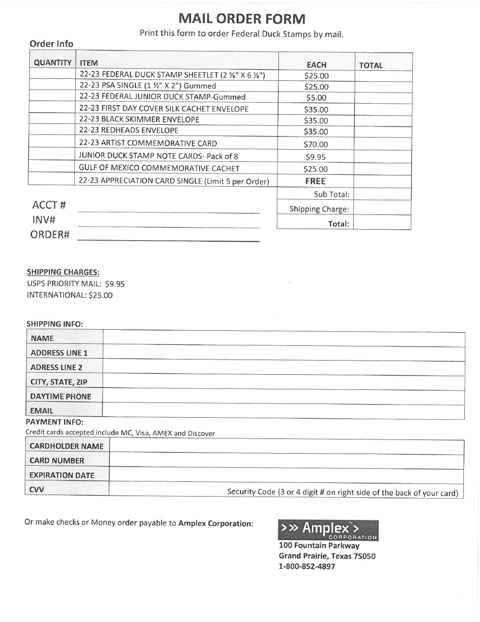 Federal Duck Stamps Mail Order Form - Amplex, Page 1