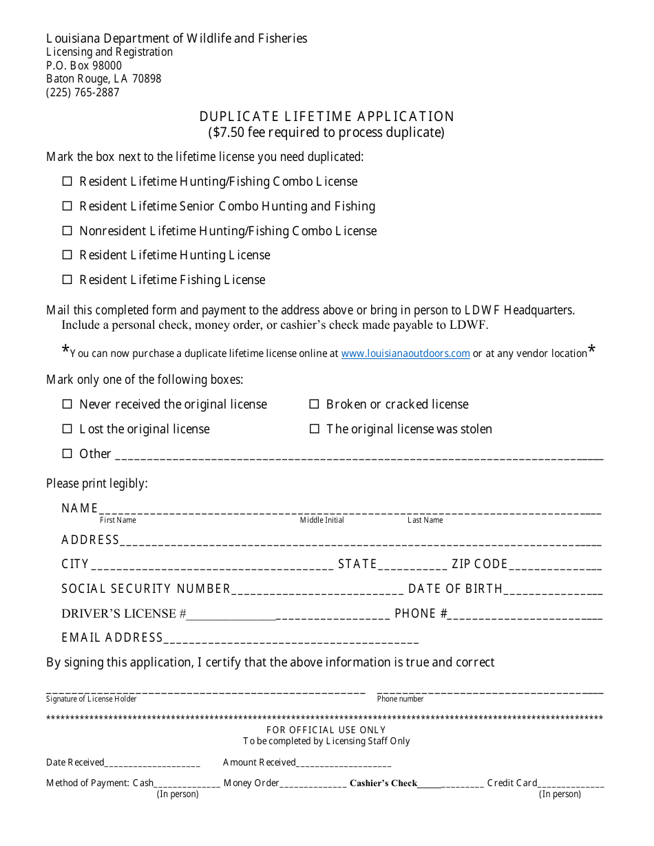 Duplicate Lifetime Application - Louisiana, Page 1