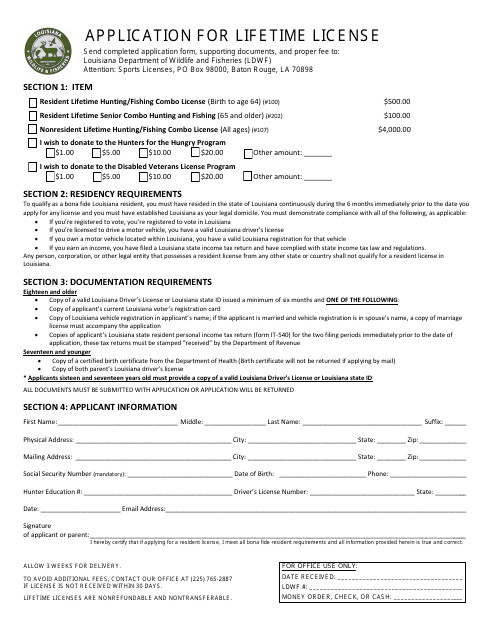 Application for Lifetime License - Louisiana Download Pdf