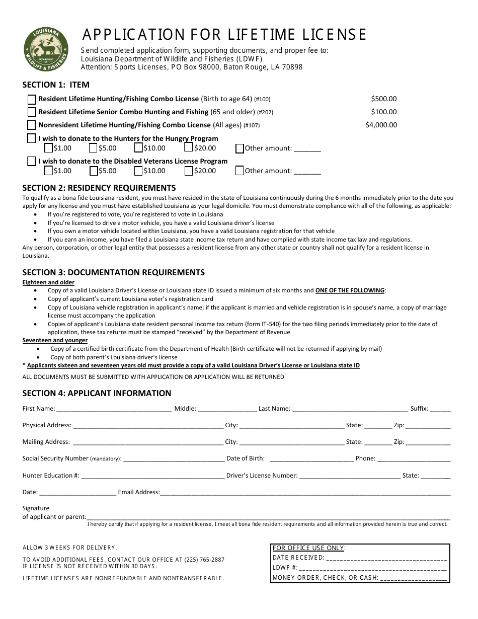 Application for Lifetime License - Louisiana, Page 1
