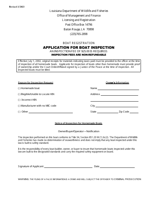 Application for Boat Inspection - Louisiana Download Pdf
