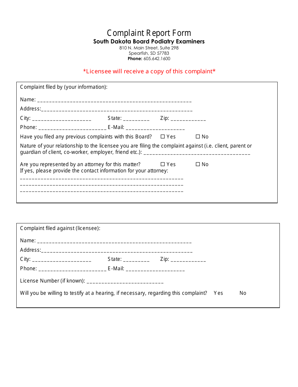 Complaint Report Form - South Dakota Board Podiatry Examiners - South Dakota, Page 1