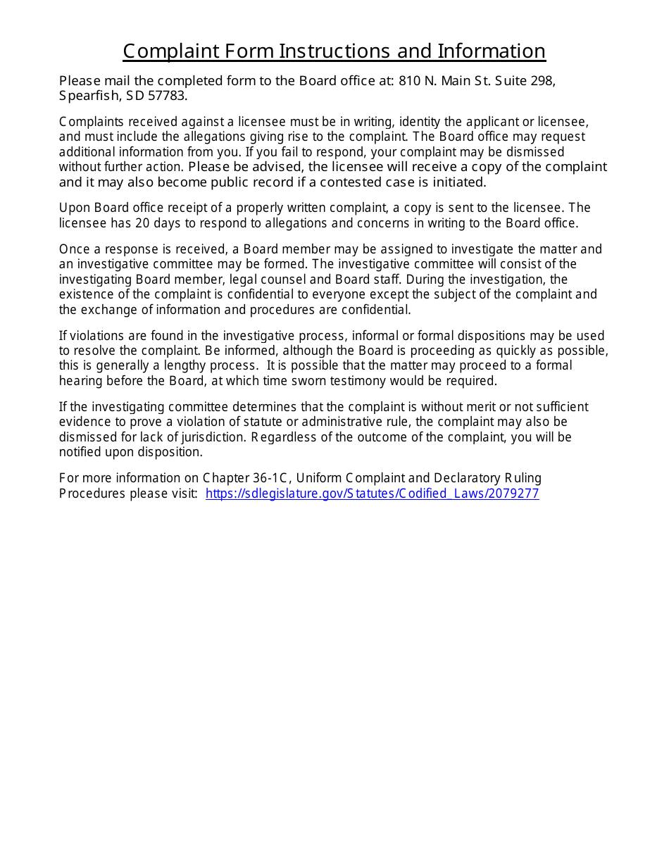 Complaint Report Form - South Dakota Board Podiatry Examiners - South Dakota, Page 3