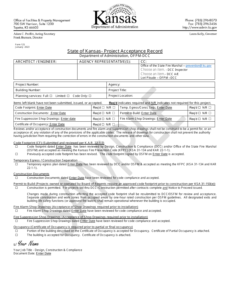 Form 125 Project Acceptance Record - Sample - Kansas, Page 1