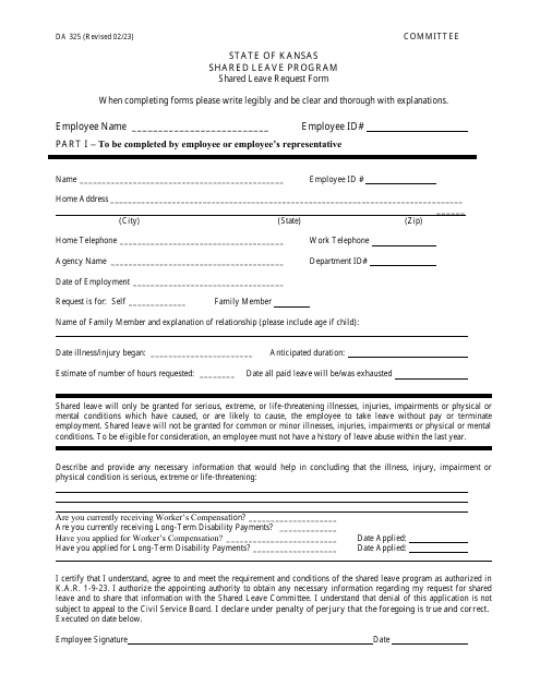 Form DA325 Shared Leave Request Form - Kansas