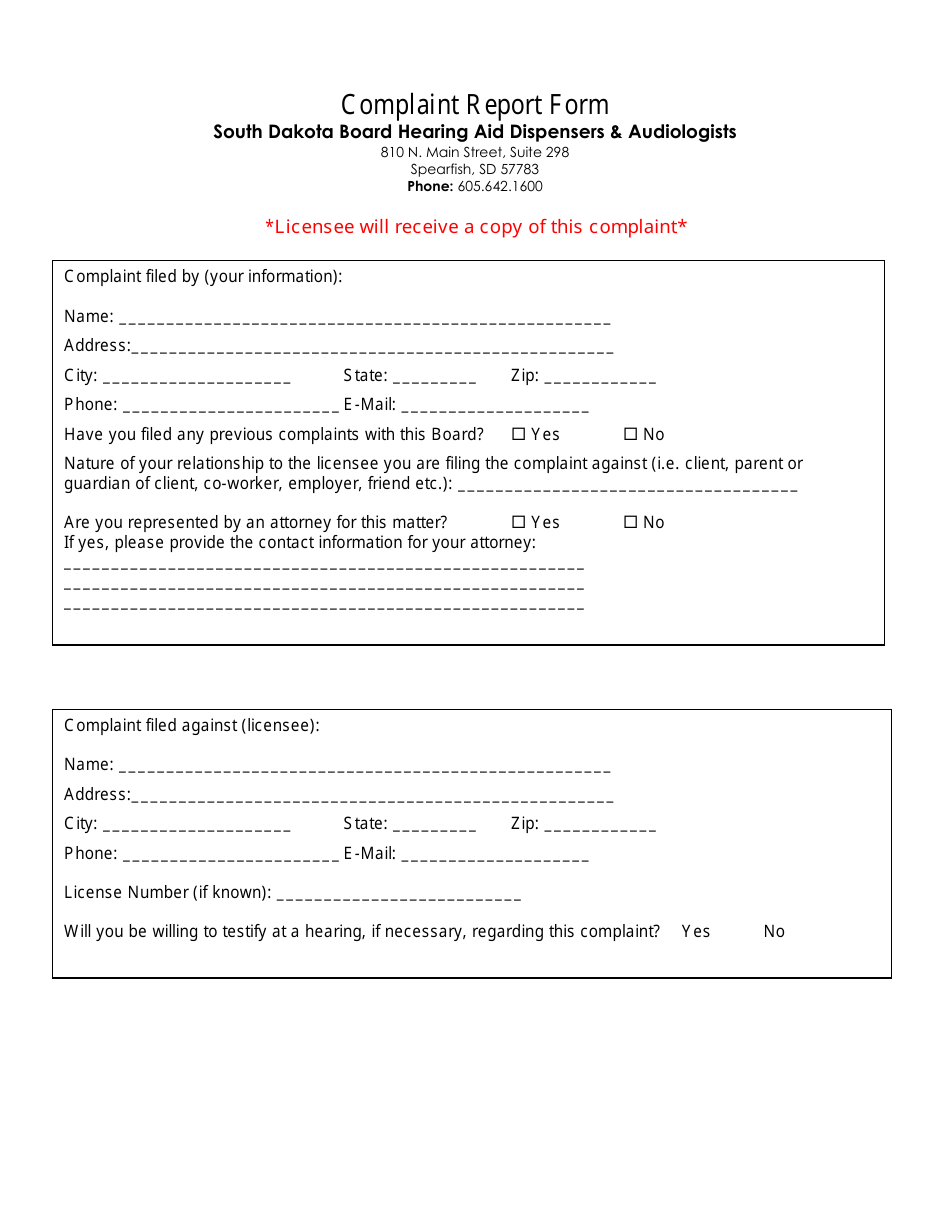 South Dakota Complaint Report Form South Dakota Board Hearing Aid