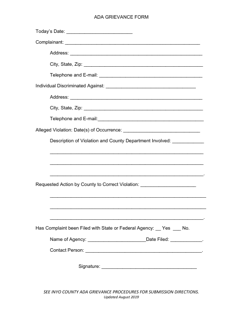 Ada Grievance Form - Inyo County, California Download Pdf