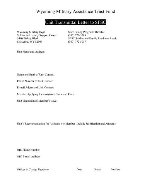 Unit Transmittal Letter to Sfsc - Wyoming Military Assistance Trust Fund - Wyoming Download Pdf