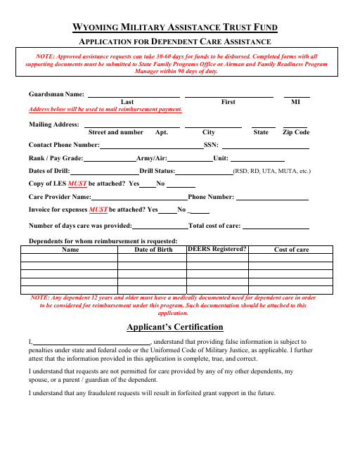 Application for Dependent Care Assistance - Wyoming Military Assistance Trust Fund - Wyoming