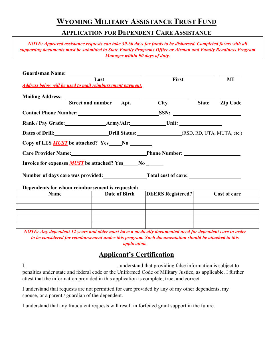 Application for Dependent Care Assistance - Wyoming Military Assistance Trust Fund - Wyoming, Page 1