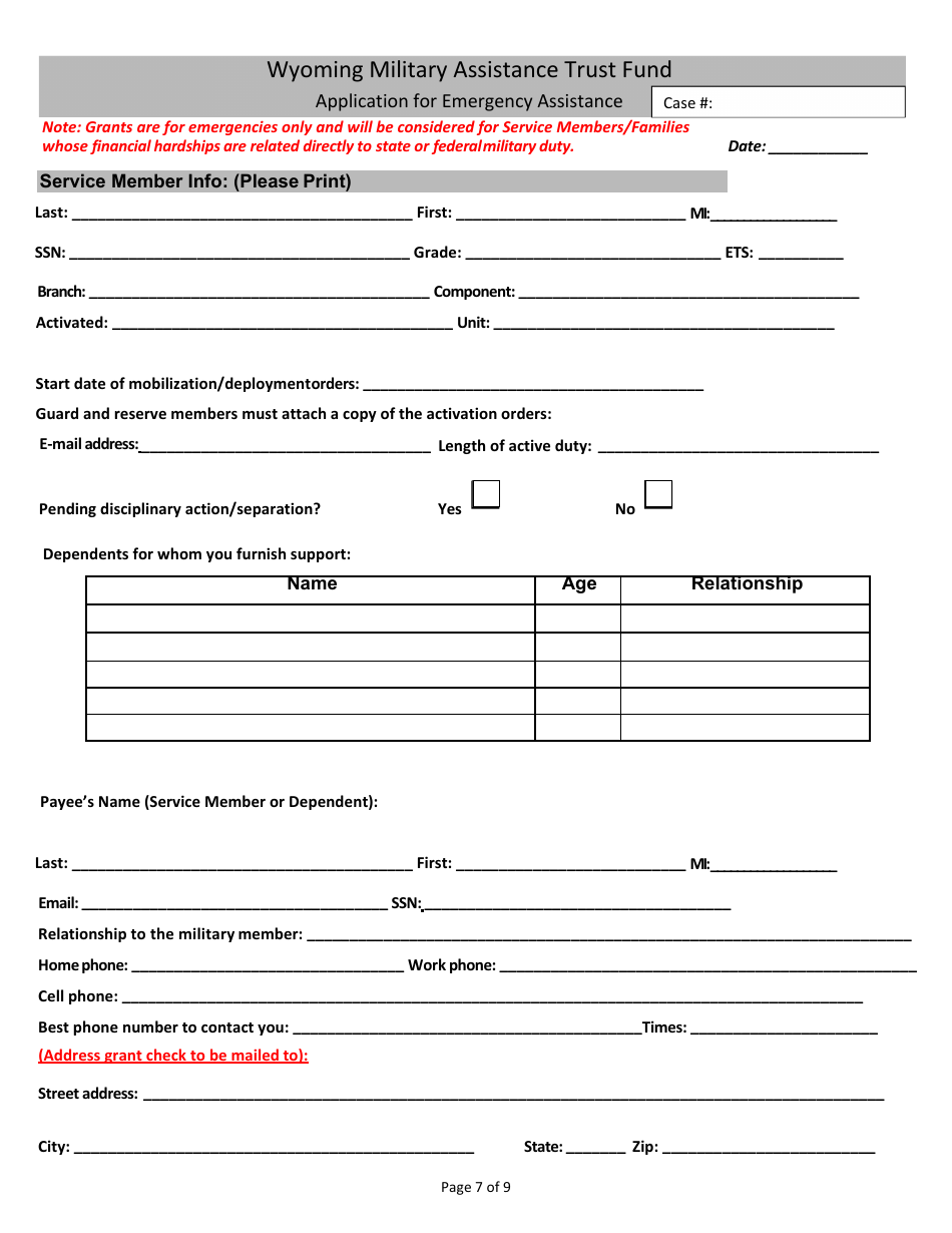 Wyoming Military Assistance Trust Fund Grant Application - Wyoming, Page 7