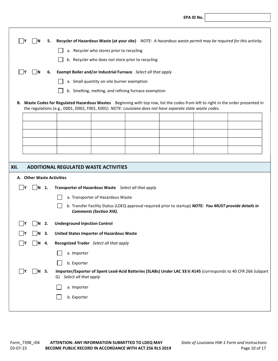 Form HW-1 (7398_R04) Notification of Hazardous Waste Activity Form - Louisiana, Page 10
