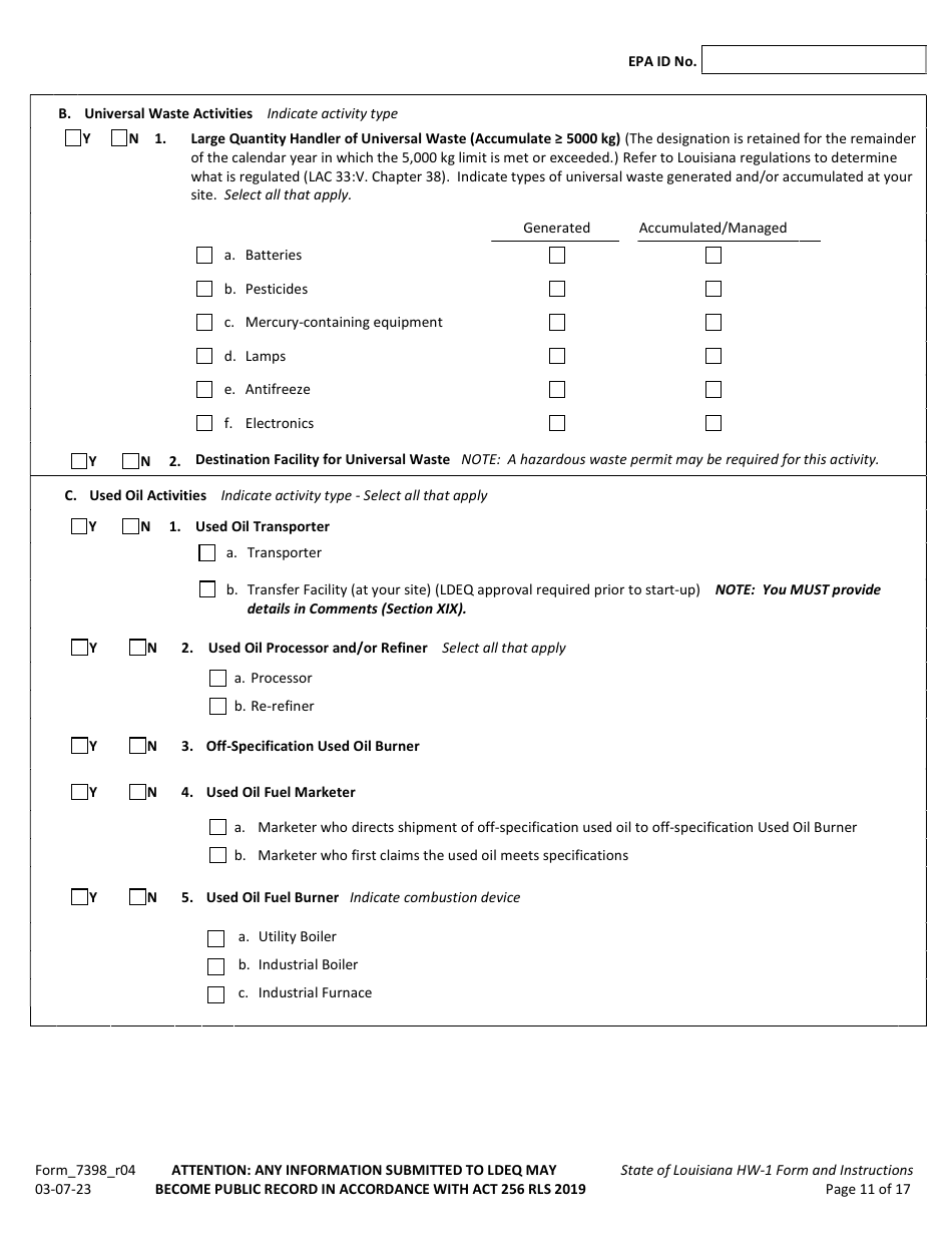 Form HW-1 (7398_R04) Notification of Hazardous Waste Activity Form - Louisiana, Page 11