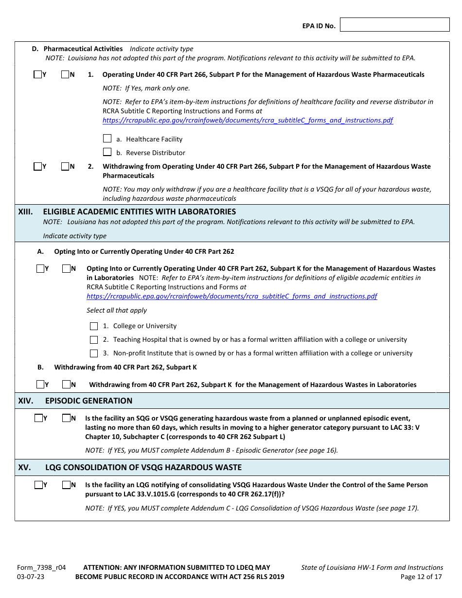 Form HW-1 (7398_R04) Notification of Hazardous Waste Activity Form - Louisiana, Page 12