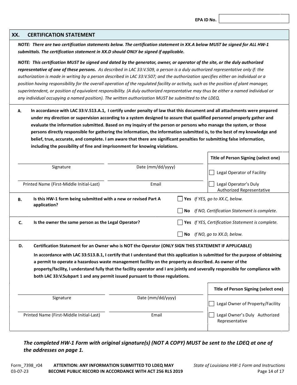Form HW-1 (7398_R04) Notification of Hazardous Waste Activity Form - Louisiana, Page 14
