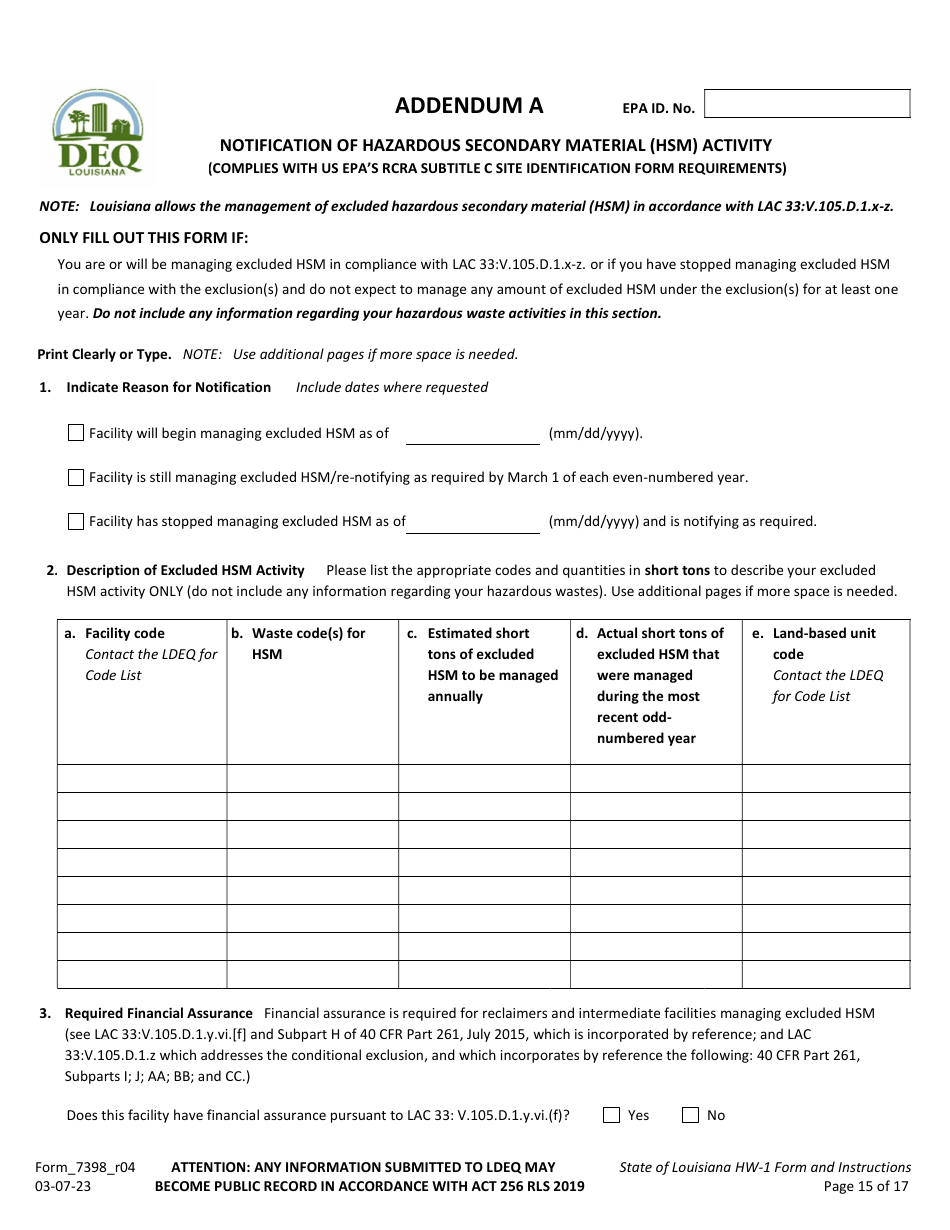 Form HW-1 (7398_R04) Notification of Hazardous Waste Activity Form - Louisiana, Page 15