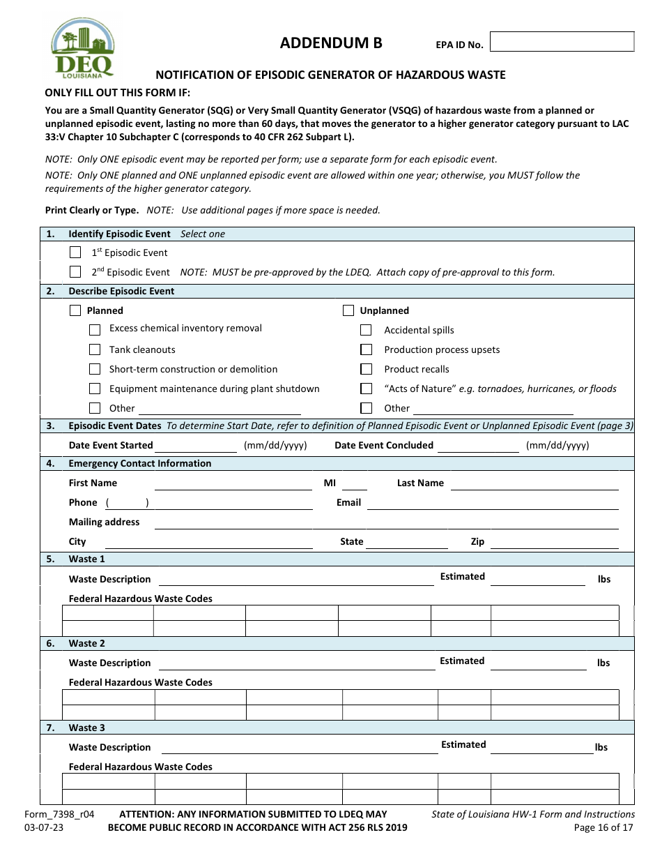Form HW-1 (7398_R04) Notification of Hazardous Waste Activity Form - Louisiana, Page 16