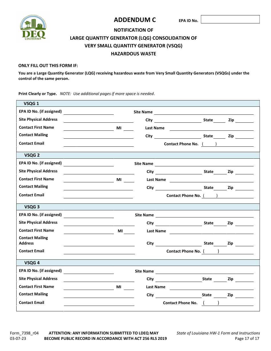 Form HW-1 (7398_R04) Notification of Hazardous Waste Activity Form - Louisiana, Page 17