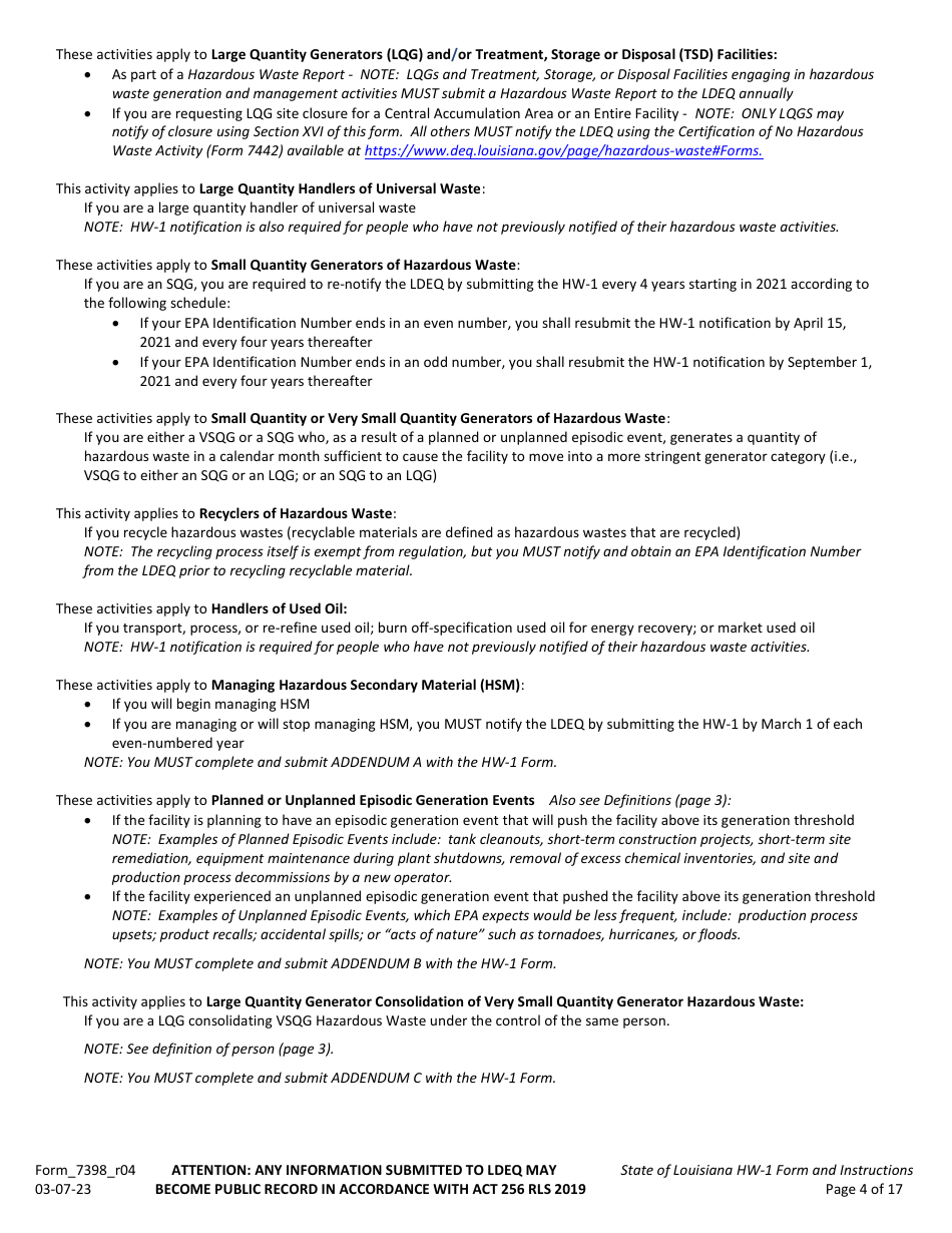 Form HW-1 (7398_R04) Notification of Hazardous Waste Activity Form - Louisiana, Page 4