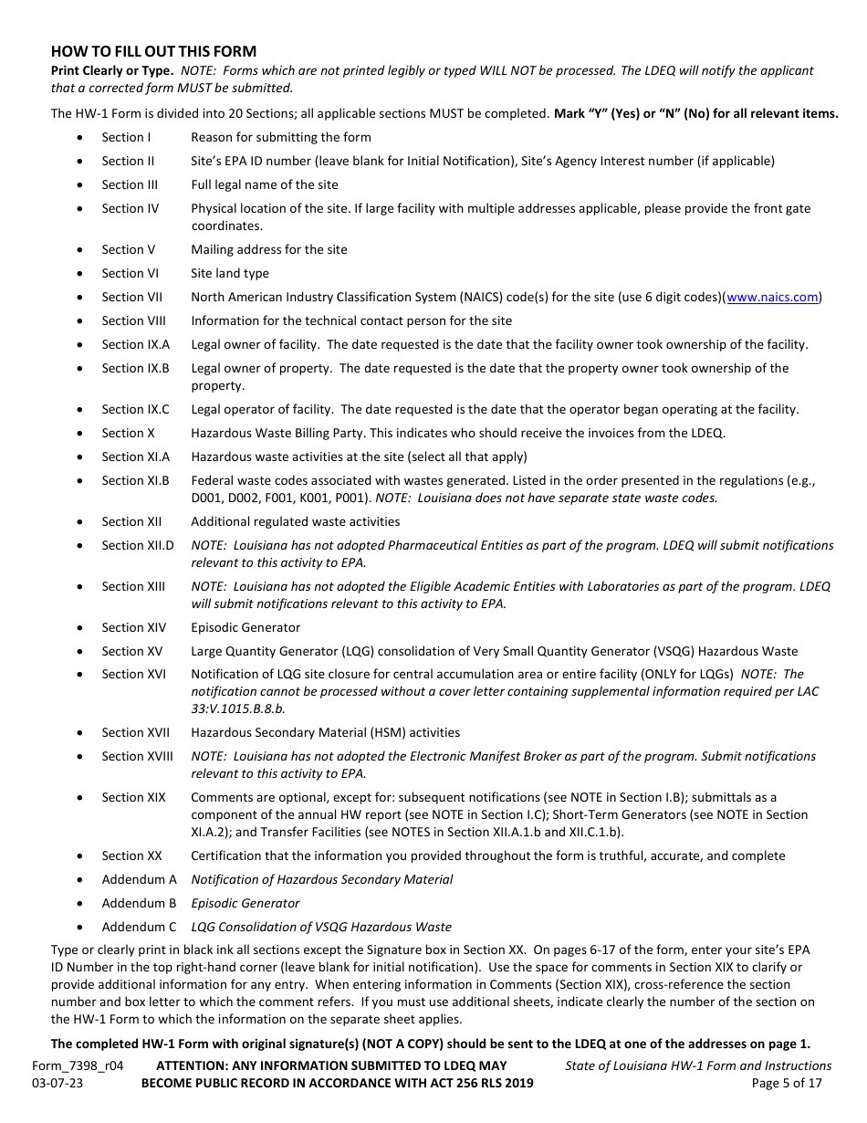 Form HW-1 (7398_R04) Notification of Hazardous Waste Activity Form - Louisiana, Page 5